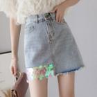 Sequined Paneled Frayed Hem A-line Mini Denim Skirt