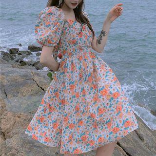 V-neck Open-back Bow-tie Puff-sleeve Dress As Shown In Figure - One Size