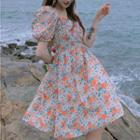 V-neck Open-back Bow-tie Puff-sleeve Dress As Shown In Figure - One Size