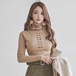 Studded Turtleneck Long Sleeve Knit Top