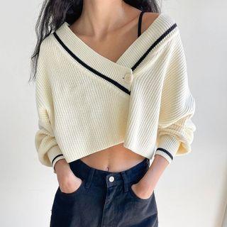 Striped Print V-neck Long-sleeve Crop Knit Sweater