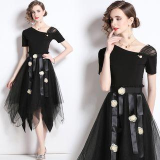 Set: Short-sleeve Top + Mesh Overlay Skirt