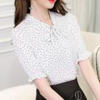 Dotted Short-sleeve Tie-neck Chiffon Blouse