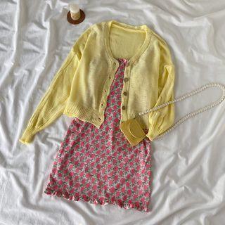 Cardigan / Spaghetti Strap Floral Print Dress / Set