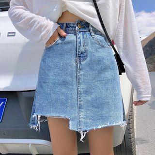 Cutout-hem Mini A-line Denim Skirt