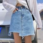 Cutout-hem Mini A-line Denim Skirt