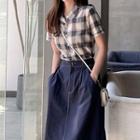 Set: Short Sleeve Plaid Shirt + Denim A-line Skirt