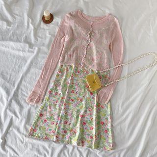 Light Cardigan / Spaghetti Strap Floral Print Dress / Set