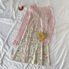 Light Cardigan / Spaghetti Strap Floral Print Dress / Set