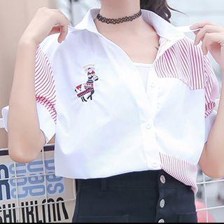 Elbow-sleeve Embroidered Striped Paneled Shirt