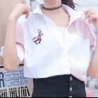 Elbow-sleeve Embroidered Striped Paneled Shirt