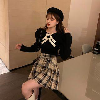 Puff-sleeve Bow Knit Top / Plaid Pleated Mini A-line Skirt