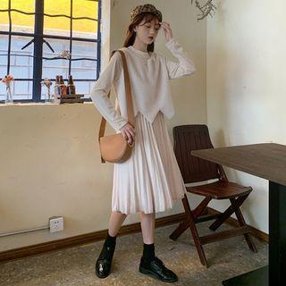 Set: Long-sleeve Midi Pleated Dress + Wavy Edge Vest Set - Midi Skirt - Almond - /vest - Almond - One Size