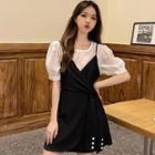Mock Two-piece Puff-sleeve Tie-strap Mini A-line Dress