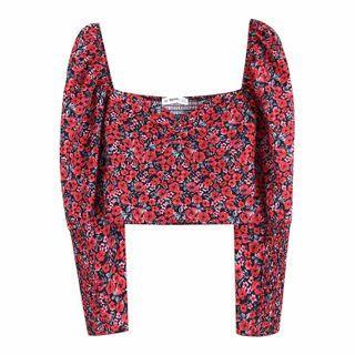 Long-sleeve Floral Print Crop Top / Mini Pencil Skirt