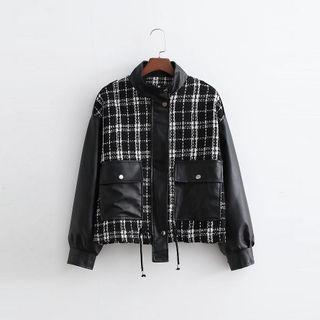 Faux Leather Panel Plaid Cargo Zip Jacket