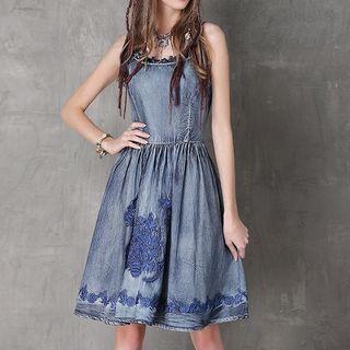 Embroidered Sleeveless A-line Denim Dress