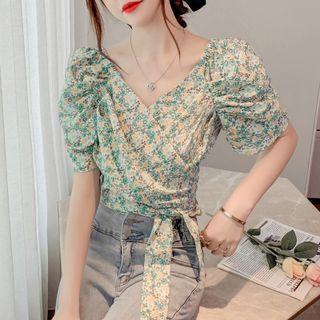 V-neck Floral Lace-up Puff-sleeve Top