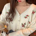 Flower Embroidered Cropped Cardigan Light Almond - One Size
