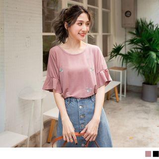 Embroidered Tied Ruffle-sleeve Top