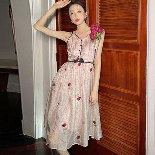 Suspender V-neck Polka Dot Rose Embroidered Dress
