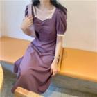 Short-sleeve Square-neck Lace Trim Midi A-line Dress