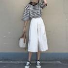 Set: Elbow-sleeve Striped Top + Cropped Wide-leg Pants