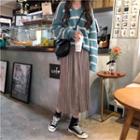 V-neck Striped Loose Sweater / High Waist Pleated Midi Skirt