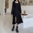 Square-neck Asymmetrical Long-sleeve A-line Dress Black - One Size