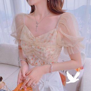 Puff-sleeve Floral Print Mesh Panel Top