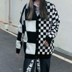 V-neck Checkered Asymmetrical Button-up Cardigan