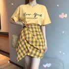 Letter Print Short Sleeve T-shirt / Plaid Lace-up Mini Skirt