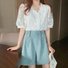 Puff-sleeve Buttoned Lace Blouse / Wide-leg Shorts