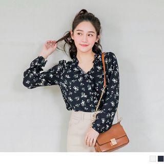 Frilled Trim Floral Print V-neck Blouse