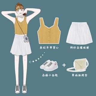 Spaghetti Strap Striped Buttoned Top / A-line Mini Skirt