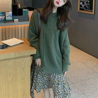 Asymmetric Sweater / Long-sleeve Floral-pattern A-line Dress