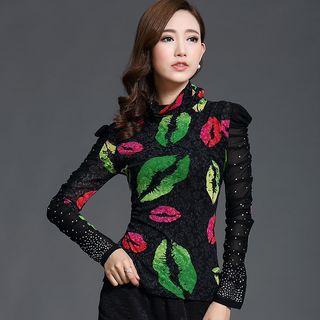 Print Long-sleeve Rhinestone Top