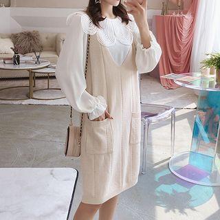 Set: Embroidered Collar Blouse + Knit Jumper Dress