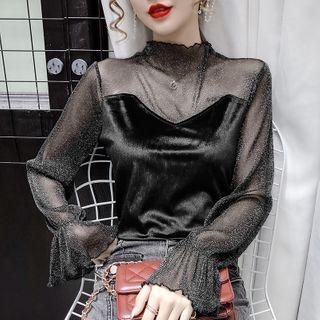 Bell-sleeve Velvet Panel Glitter Sheer Top