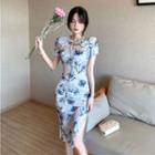 Short-sleeve Cutout Floral Print Midi Sheath Dress