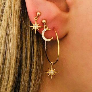 Non-matching Rhinestone Moon & Star Dangle Earring 01 - Set Of 3 - Gold - One Size