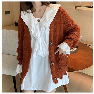 Tie-neckline Ruffled Mini Shirtdress / Drop-shoulder Knit Cardigan