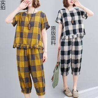 Set: Plaid Short-sleeve Blouse + Capri Harem Pants