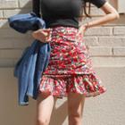 Shirred Frill-hem Floral Miniskirt