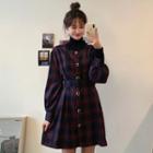 Balloon-sleeve Square-neck Plaid A-line Dress Plaid - Dark Blue & Red - One Size