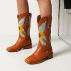 Flower Embroidered Block Heel Mid-calf Boots