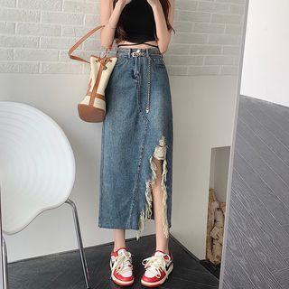 High-waist Distressed Denim Midi Skirt