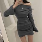 Bell-sleeve Off Shoulder Ruched Mini Bodycon Dress