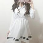 Long-sleeve Sailor Collar A-line Dress White - One Size