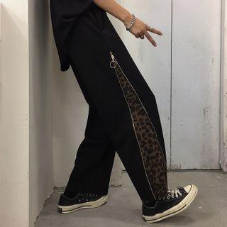 Leopard Print Panel Side-zip Wide-leg Pants